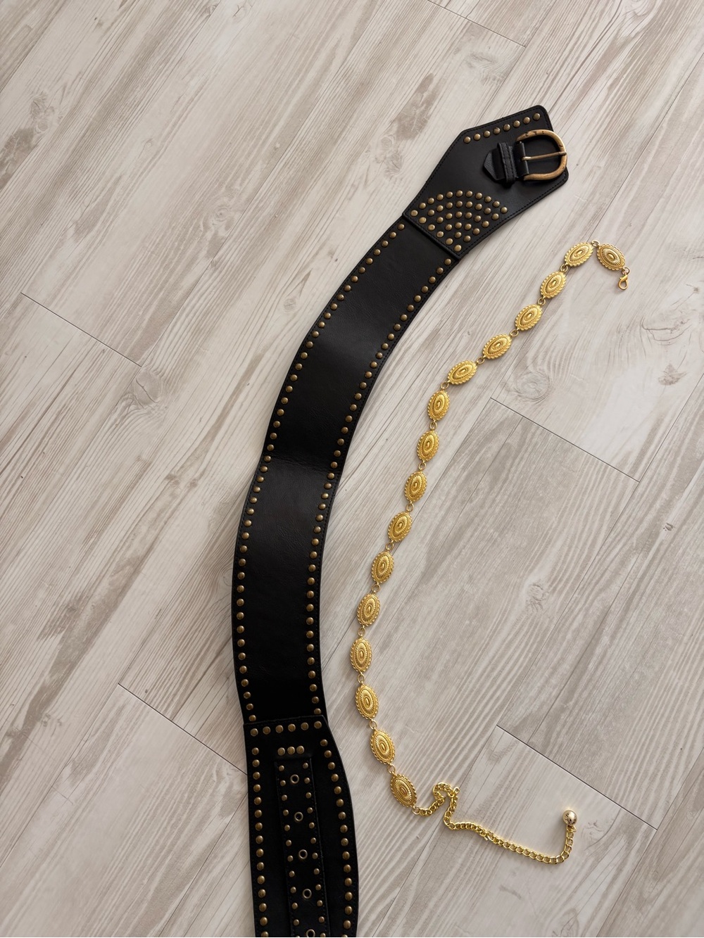 Black Studded Wide Leather Belt with Gold Chain Accent